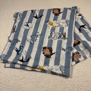 Looney Tunes Full Flat Sheet Blue Stripe Drawing Comics 1996 Vintage Bibb Co USA